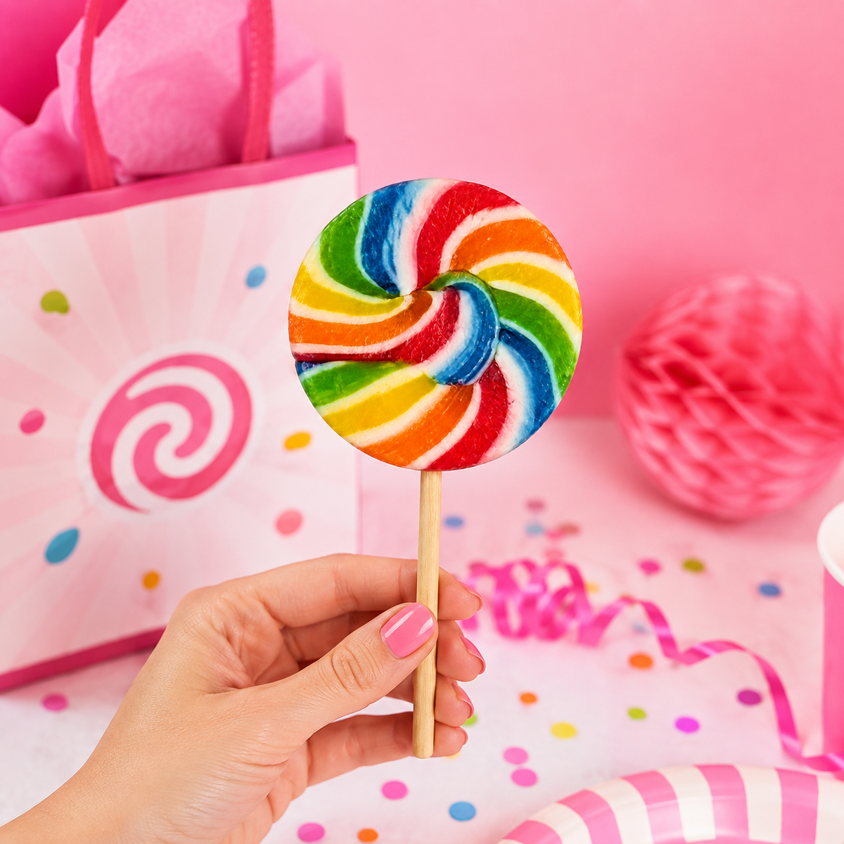 Sugar Rush Rainbow Round Lollipop in a fun party and gifting setting