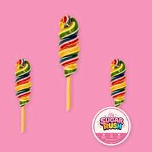 Sugar Rush Rainbow Spiral Lollipop styled on a pink background