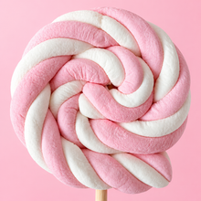 Close-up of the pink and white twisted marshmallow texture on a Sugar Rush lollipop