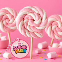 Sugar Rush Strawberry Marshmallow Lollipops styled on a pink branded background