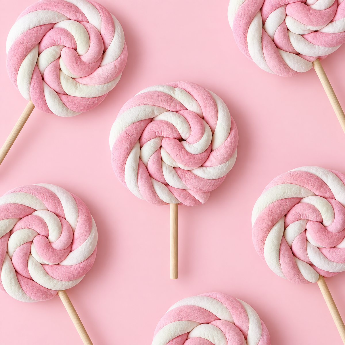 Overhead arrangement of pink and white Marshmallow Lollipops on a pale pink background