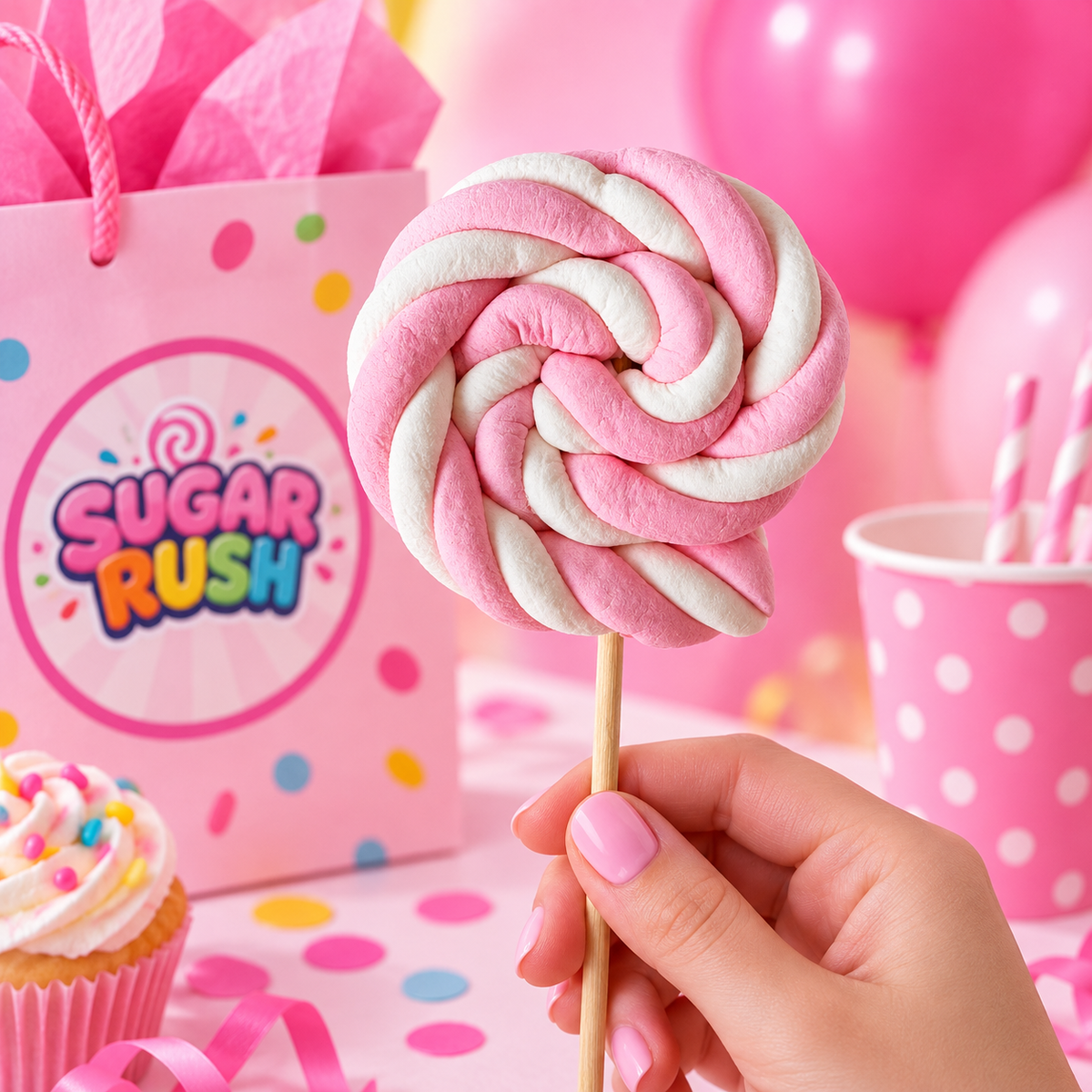 Strawberry Marshmallow Lollipop in a pink Sugar Rush party setting