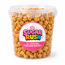 Sugar Rush XL Caramel Popcorn Bucket with branded label on a clean white background