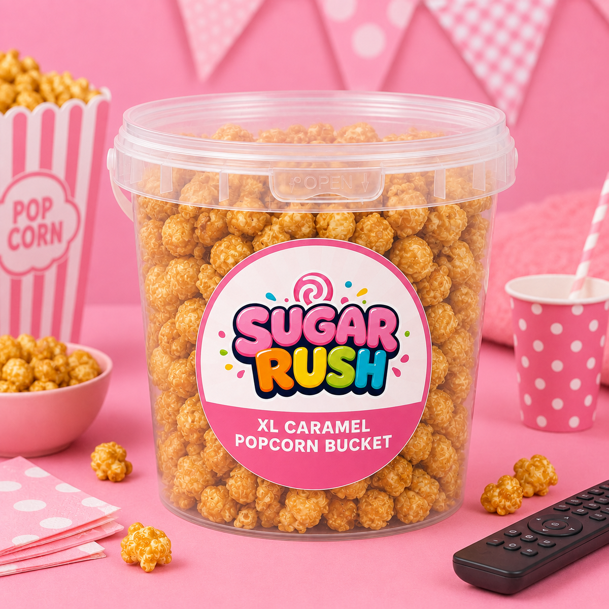 Sugar Rush XL Caramel Popcorn Bucket in a colourful movie-night and sharing setting