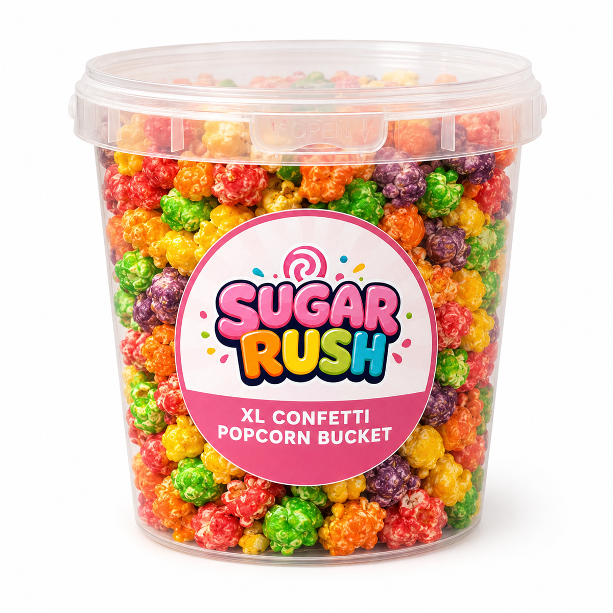 Sugar Rush XL Confetti Popcorn Bucket with branded label on a clean white background