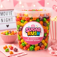 Sugar Rush XL Confetti Popcorn Bucket in a colourful movie-night and sharing setting
