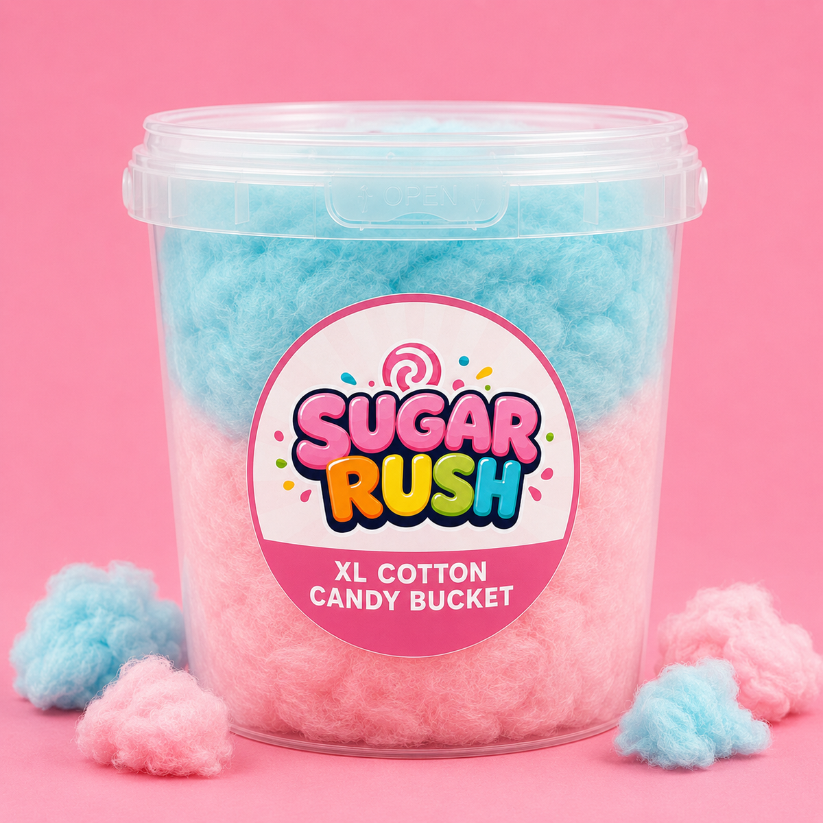 Sugar Rush XL Cotton Candy Mixed Bucket in a colourful party and candy-table setting